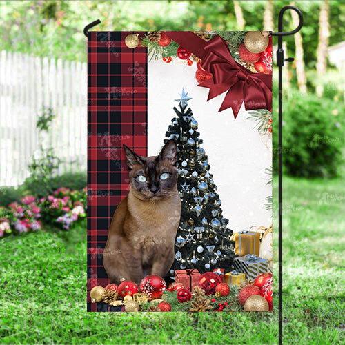 Tonkinese Cat Flag Sitting In Front Of The Christmas Tree