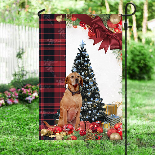 Red Labrador Flag Sitting In Front Of The Christmas Tree