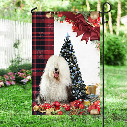 Old English Sheepdog Flag Sitting In Front Of The Christmas Tree