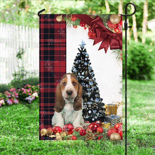 Basset Hound Flag Sitting In Front Of The Christmas Tree