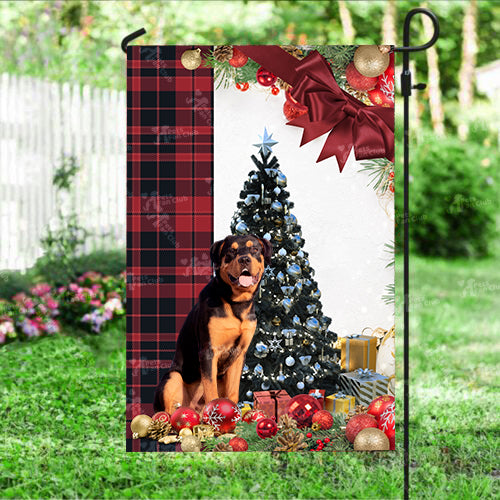 Rottweiler Flag Sitting In Front Of The Christmas Tree