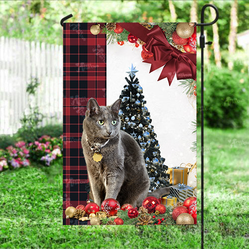 Korat Cat Flag Sitting In Front Of The Christmas Tree