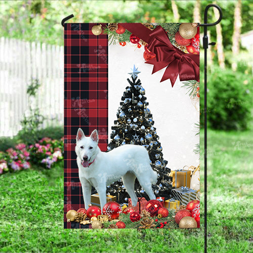 White German Shepherd Flag Sitting In Front Of The Christmas Tree