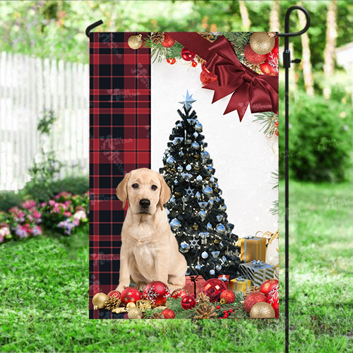 Yellow Labrador Retriever Flag Sitting In Front Of The Christmas Tree