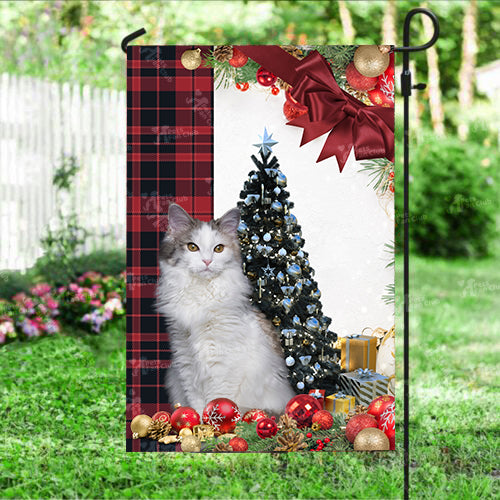 Norwegian Forest Cat Flag Sitting In Front Of The Christmas Tree