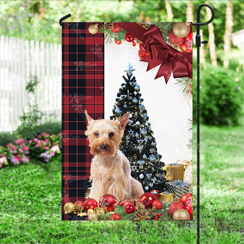 Yorkshire Terrier Flag Sitting In Front Of The Christmas Tree