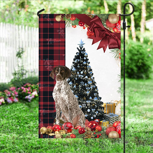 German Short Haired Pointer Flag Sitting In Front Of The Christmas Tree