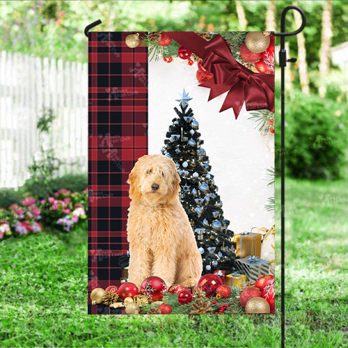 Golden Doodle Flag Sitting In Front Of The Christmas Tree