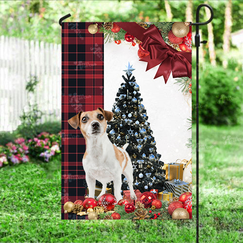 Jack Russel Terrier Flag Sitting In Front Of The Christmas Tree