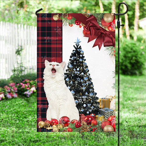 Turkish Angora Cat Flag Sitting In Front Of The Christmas Tree