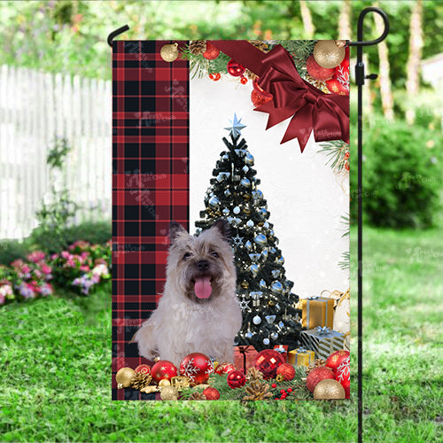 Cairn Terrier Flag Sitting In Front Of The Christmas Tree