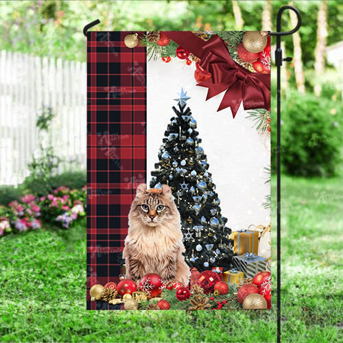 American Curl Cat Flag Sitting In Front Of The Christmas Tree