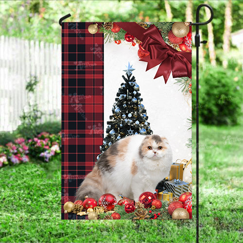 Scottish Fold Cat Flag Sitting In Front Of The Christmas Tree