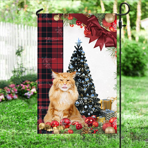 Maine Coon Cat Flag Sitting In Front Of The Christmas Tree