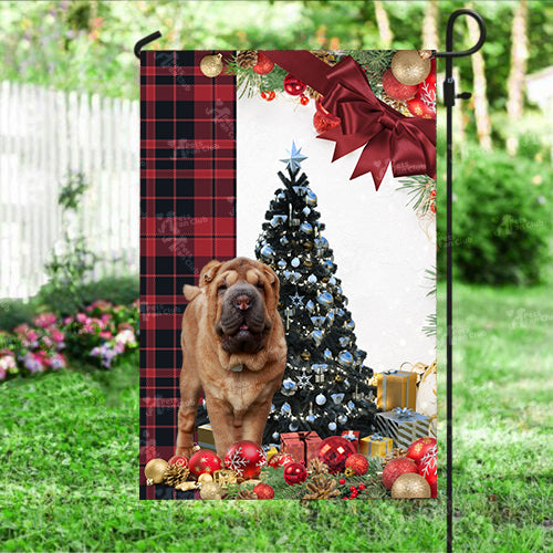 Shar Pei Flag Sitting In Front Of The Christmas Tree