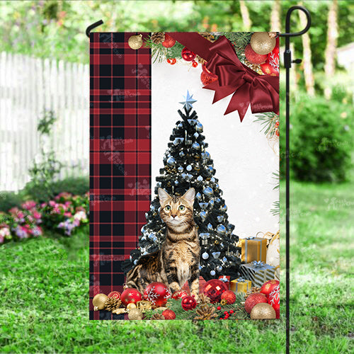 Bengal Cat Flag Sitting In Front Of The Christmas Tree