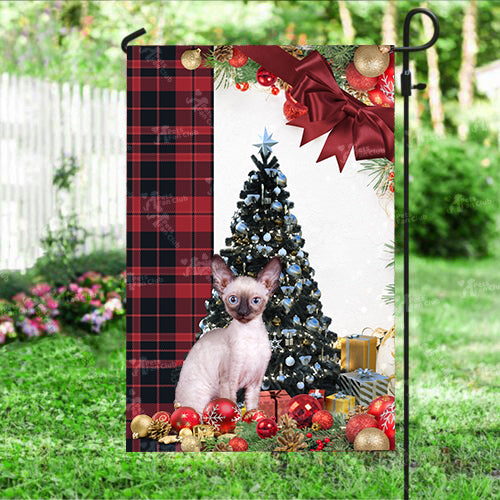 Cornish Rex Cat Flag Sitting In Front Of The Christmas Tree