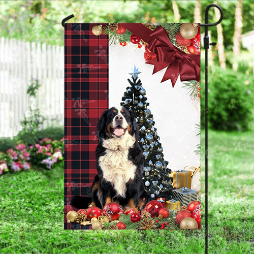 Bernese Mountain Flag Sitting In Front Of The Christmas Tree