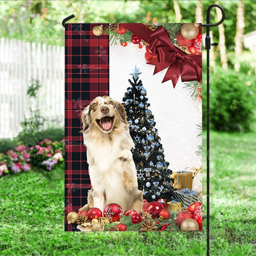 Australian Shepherd Flag Sitting In Front Of The Christmas Tree