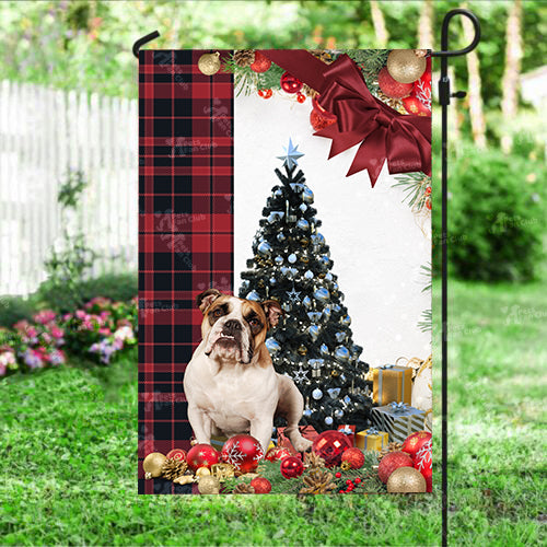 English Bulldog Flag Sitting In Front Of The Christmas Tree