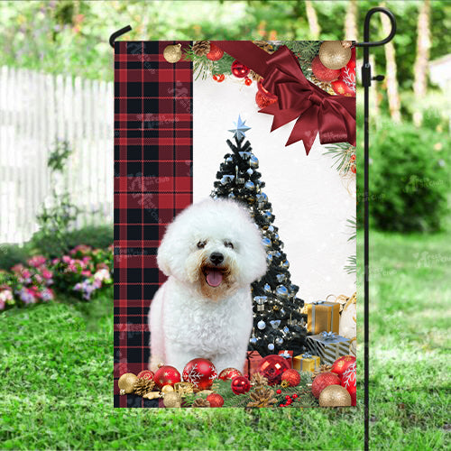 Bichon Frise Flag Sitting In Front Of The Christmas Tree