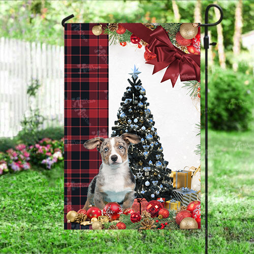 Merle Welsh Corgi Puppy Flag Sitting In Front Of The Christmas Tree