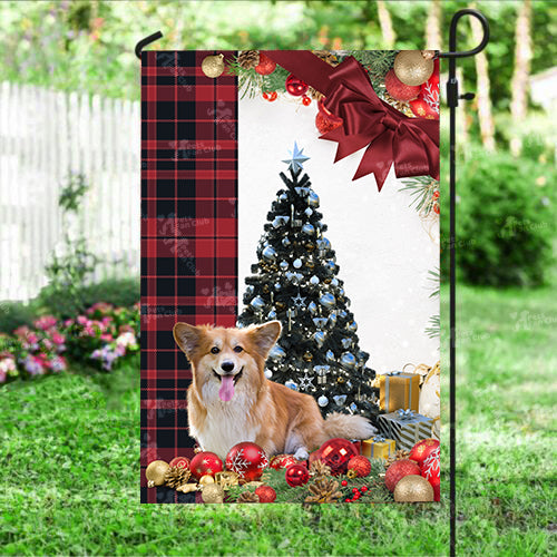 Corgi Flag Sitting In Front Of The Christmas Tree