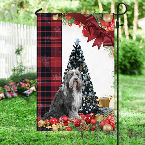 Bearded Collie Flag Sitting In Front Of The Christmas Tree