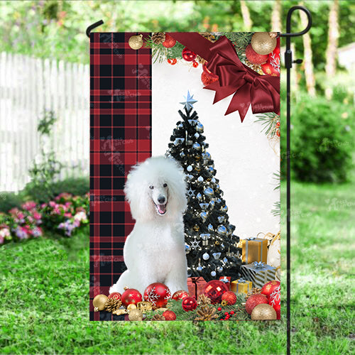 White Poodle Flag Sitting In Front Of The Christmas Tree