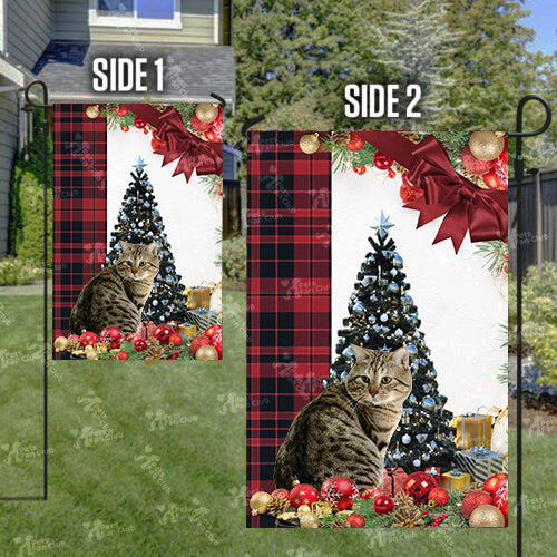 American Bobtail Cat Flag Sitting In Front Of The Christmas Tree