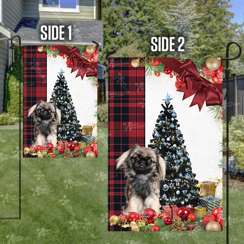 Pekingese Flag Sitting In Front Of The Christmas Tree