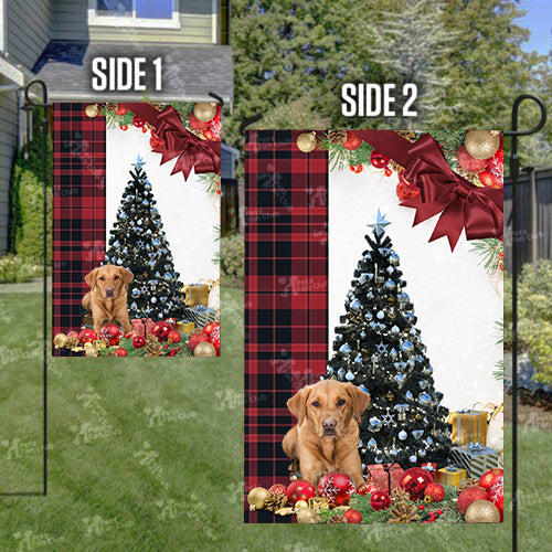 Fox Red Labrador Flag Sitting In Front Of The Christmas Tree