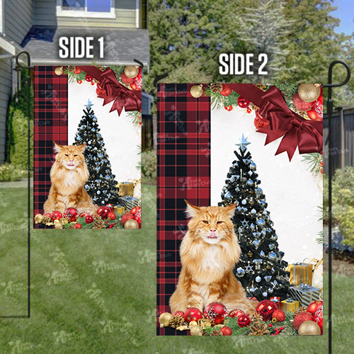 Maine Coon Cat Flag Sitting In Front Of The Christmas Tree