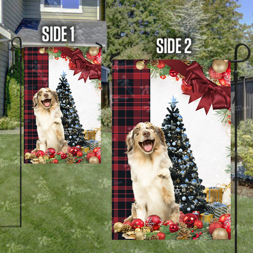 Australian Shepherd Flag Sitting In Front Of The Christmas Tree