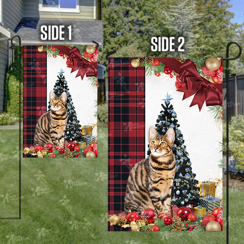 Toyger Cat Flag Sitting In Front Of The Christmas Tree