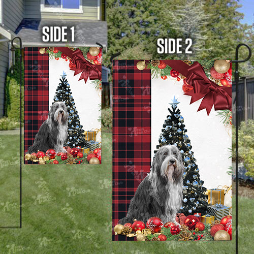 Bearded Collie Flag Sitting In Front Of The Christmas Tree