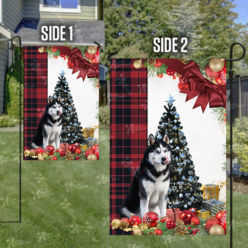 Husky Flag Sitting In Front Of The Christmas Tree