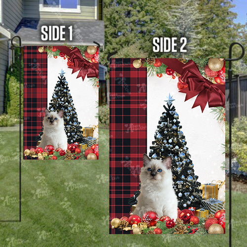 Birman Cat Flag Sitting In Front Of The Christmas Tree