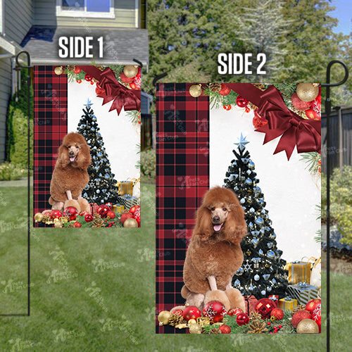 Brown Poodle Flag Sitting In Front Of The Christmas Tree