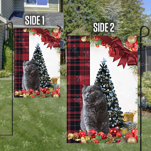 Bristish Longhair Cat Flag Sitting In Front Of The Christmas Tree