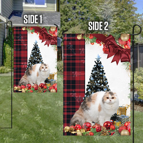 Scottish Fold Cat Flag Sitting In Front Of The Christmas Tree