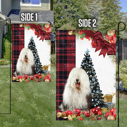 Old English Sheepdog Flag Sitting In Front Of The Christmas Tree