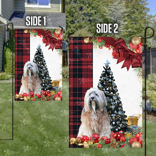 Tibetan Terrier Flag Sitting In Front Of The Christmas Tree