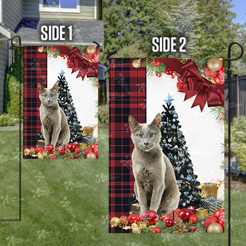 Russian Blue Cat Flag Sitting In Front Of The Christmas Tree