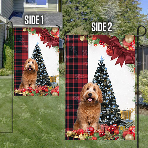 Labradoodle Flag Sitting In Front Of The Christmas Tree