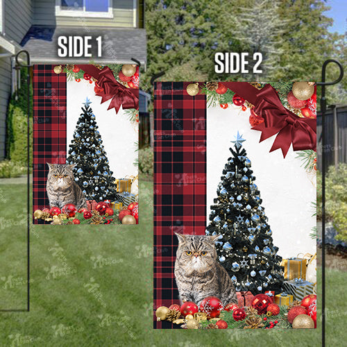 Exotic Shorthair Cat Flag Sitting In Front Of The Christmas Tree