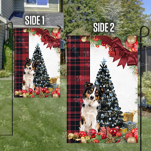 Border Collie Flag Sitting In Front Of The Christmas Tree