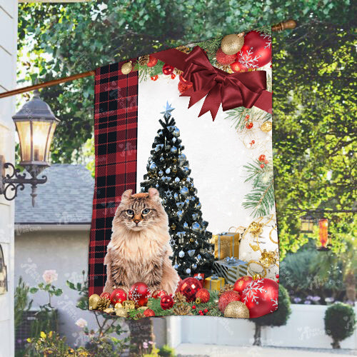 American Curl Cat Flag Sitting In Front Of The Christmas Tree