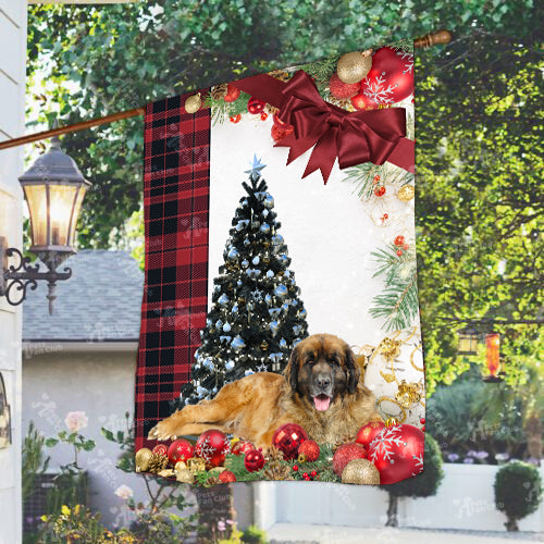 Leonberger Flag Sitting In Front Of The Christmas Tree