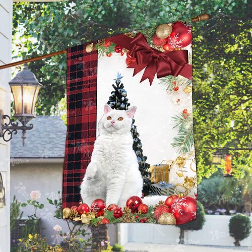 Selkirk Rex Cat Flag Sitting In Front Of The Christmas Tree